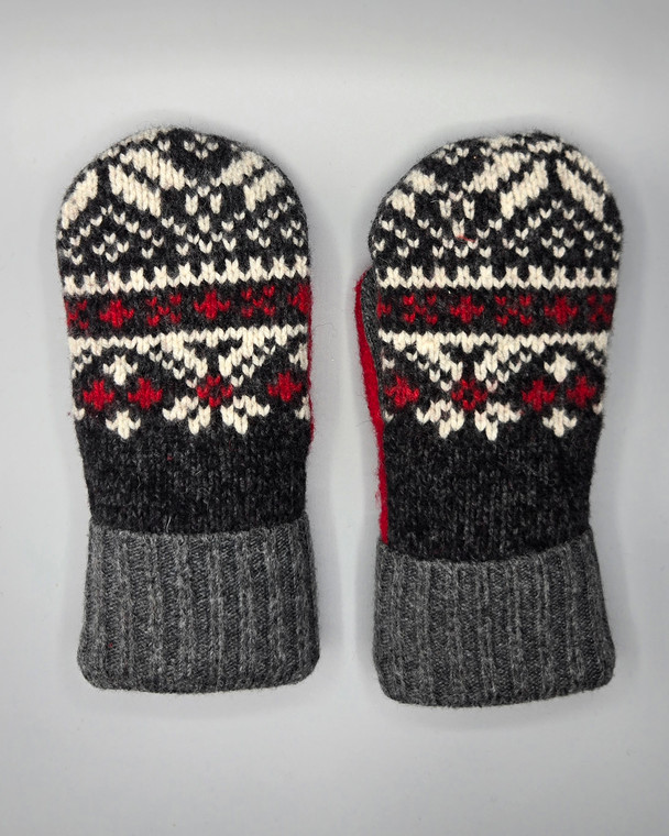 Wool Sweater Mittens - Medium - Black, Grey, and Red Wool Sweater Mittens - Medium - Black, Grey, and Red