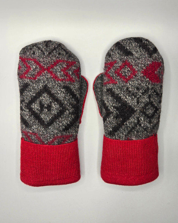 Wool Sweater Mittens - Medium - Black and Grey with Red Cuff Wool Sweater Mittens - Medium - Black and Grey with Red Cuff