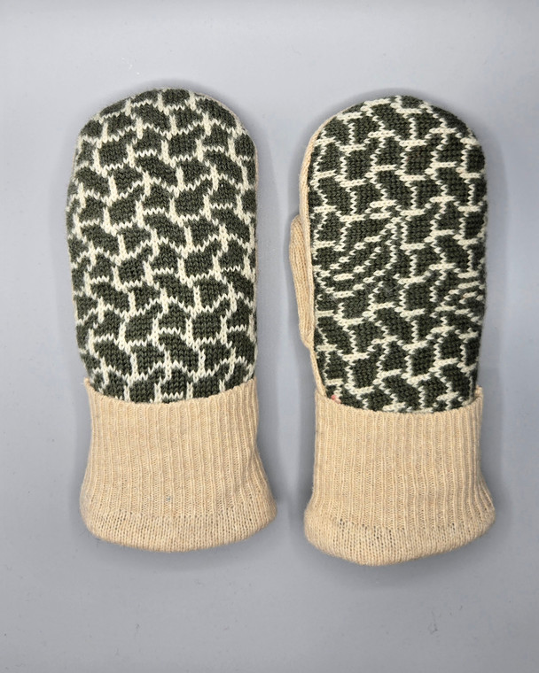 Wool Sweater Mittens - Medium - Green and Tan