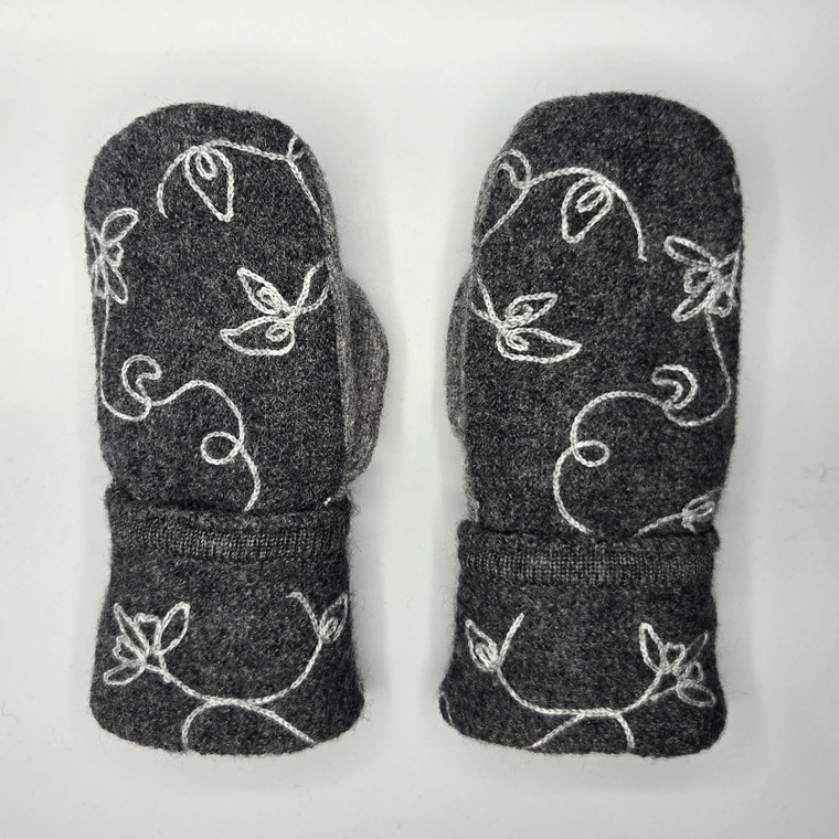 Wool Sweater Mittens - Small - Gray with Flower Embroidery