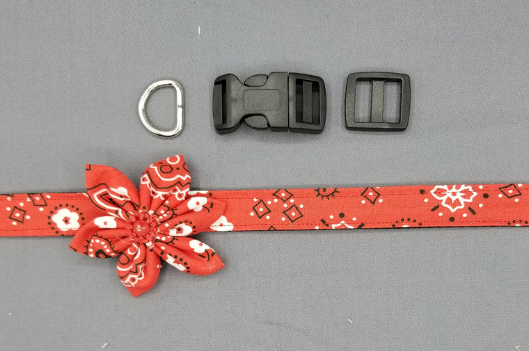 Collar & Small Flower - Red Bandana - Medium (3/4" wide and 12" - 17.5" round) - 127