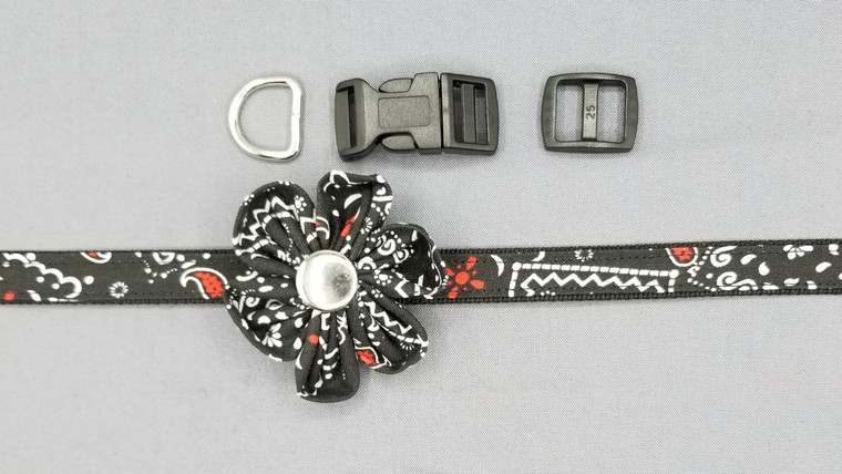 Collar & Rounded Flower - Bandana with Red and White on Black - Extra Small (5/8" wide and 8" - 11" round) - 127