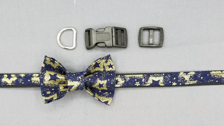 Collar & Small Bow Tie - Gold Stars on Navy - Extra Small (5/8" wide and 8" - 11" round) - 127