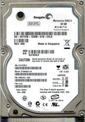 SEAGATE - 80GB 5400 RPM EIDE NOTEBOOK HARD DISK DRIVE. 8MB BUFFER DMA/ATA100(ULTRA) 2.5 INCH ULTRA SLIM LINE (ST9808211A). (ST9808211A) - RECERTIFIED