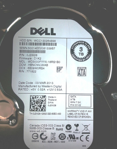 dell J2W28 3TB 7.2k SATA 3.5inch Internal Hard Drive