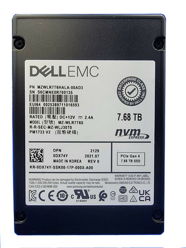 Samsung PM1733 MZ-WLR7T60 - SSD - 7.68 TB - PCIe 4.0 x4 (NVMe) - Dell OEM Refurbished Samsung PM1733 MZ-WLR7T60 - SSD - 7.68 TB - PCIe 4.0 x4 (NVMe) - Dell OEM Refurbished