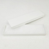 The #82A size jewellery boxes ( 8" x 2" x 7/8") is ideal for necklaces. These white boxes come with a white fiber insert. Recyclable and reusable.