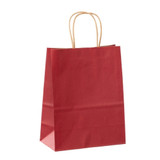 The 8.25" x 4.25" x 10.5" (small size) red colored paper shopping bags on kraft paper are ecofriendly, printed with water-based ink, 100% recyclable and biodegradable