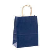 The 8.25" x 4.25" x 10.5" (small size) navy colored paper shopping bags on kraft paper are ecofriendly, printed with water-based ink, 100% recyclable and biodegradable