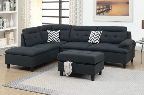 Black Fabric Finish Couch Sofa Sectional With Storage Ottoman