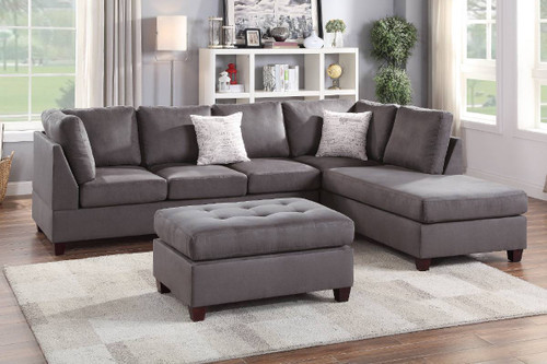 Grey Fabric Microfiber Reversible Chaise Sectional Sofa With Ottoman