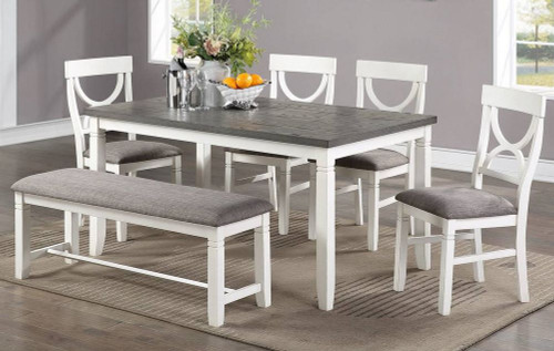 6-Pc White Finish Wood/Fabric Dining Table Set With Bench