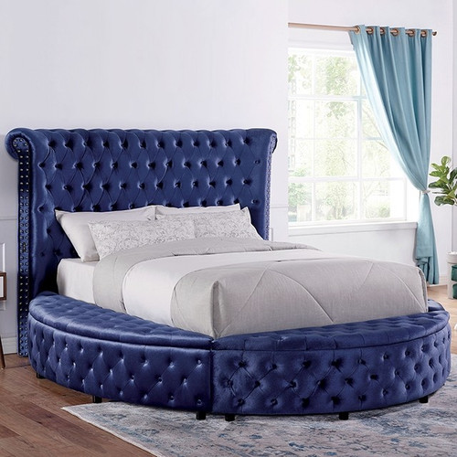 Cal King Size Sansom Blue Glam Bed Frame Button Tufted With USB