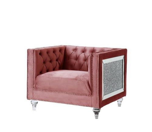 HeiberoII Pink Velvet Chair with Mirror & Faux Diamond Trim