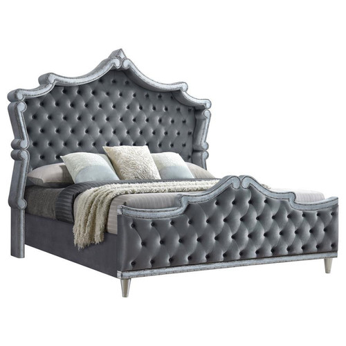 Vintage Glam Upholstered Cal King Panel Bed Grey