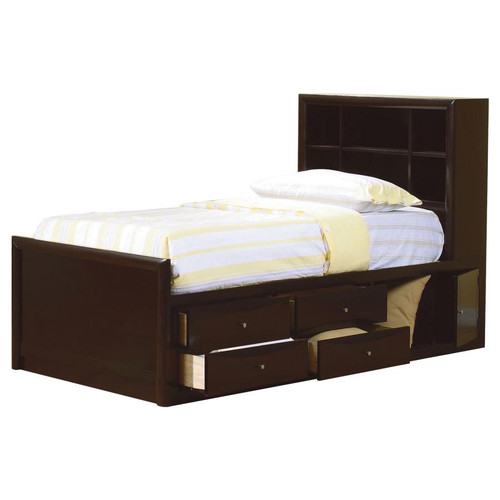 Wood Twin Storage Bookcase Bed Cappuccino