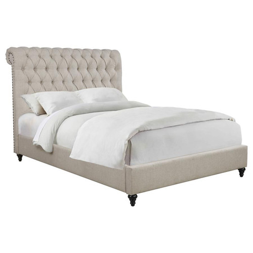 Chesterfield Style Cal King Size Panel Bed Beige Fabric Low Profile Bed