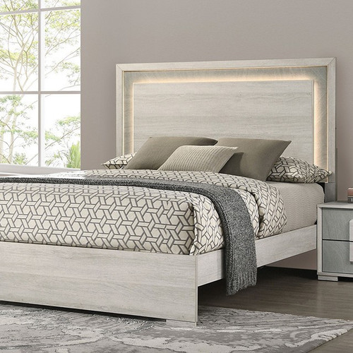 White Wash / Stone Gray Eastern King Size Bed Frame LED