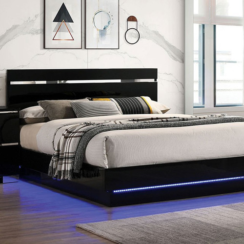 Modern Black/Chrome LED Light Floating Cal King Size Bed