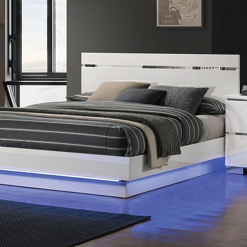 White/Chrome LED Light Floating Queen Size Bed