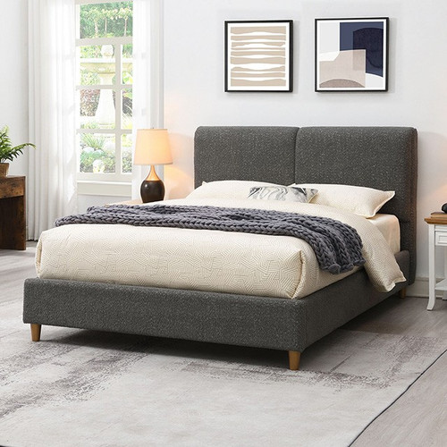 Low Profile Gray Boucle Fabric Queen Size Bed