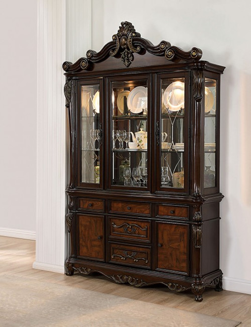 Traditional Dark Cherry Finish China Hutch Buffet Cabinet