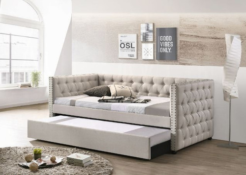 Beige Fabric Tufted Full Size Daybed w/ Trundle