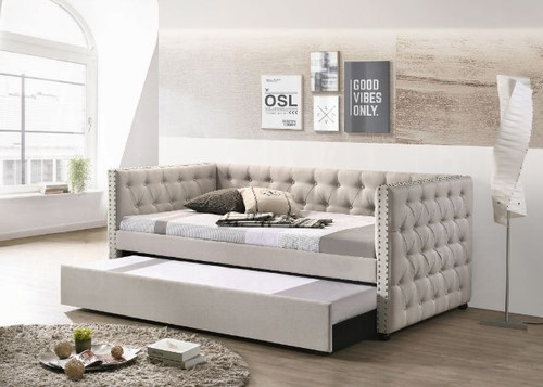 Beige Fabric Tufted Twin Size Daybed w/ Trundle