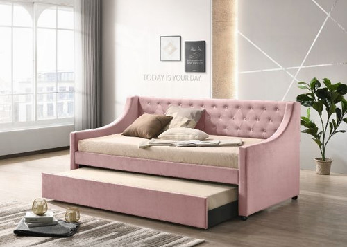 Button Tufted Pink Velvet Twin Size Daybed Trundle