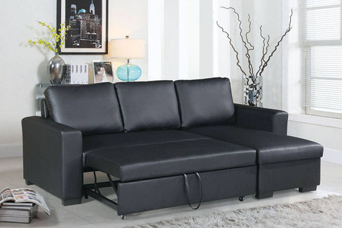 Black Faux Leather Sectional Sofa Adjustable Bed Storage Chaise