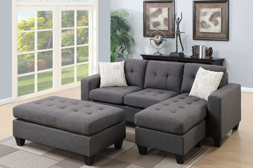 Blue Grey Polyfiber Sectional Sofa Reversible Chaise Ottoman Bed