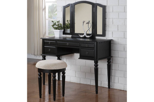 Vintage Style Black Finish 3 piece Vanity Table Mirror Stool Set