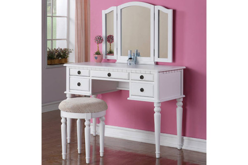 Classic Design White Finish 3 piece Vanity Table Mirror Stool Set