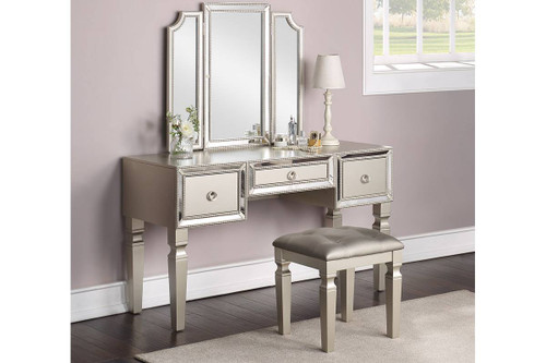 Classic Vanity Mirror Table Stool Set Champagne Finish