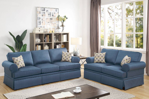 Blue Glossy Polyfiber 2 piece Sofa Loveseat Set
