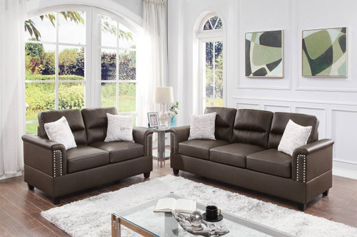 Espresso Faux Leather Nailhead Accents 2 piece Sofa Loveseat