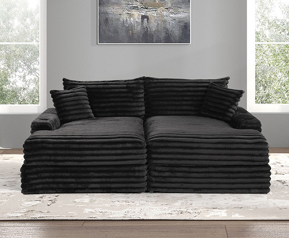 Versoix Black Padded Chenille Double Chaise Couch Lounge Sofa Love Seat w/ USB