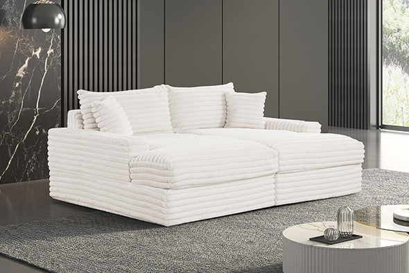 Versoix White Padded Chenille Double Chaise Couch Lounge Sofa Love Seat w/ USB