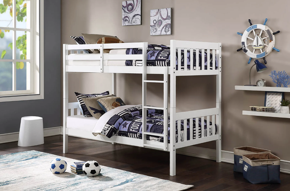 Twin Over Twin White Finish Solid Wood Bunk Bed Frame