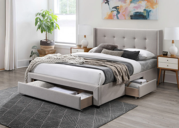 Full Size Light Brown Linen Bed Frame With 3 Drawers
