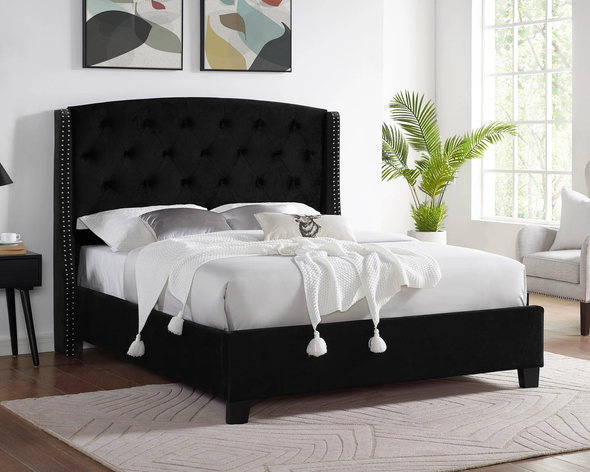 King Size Glam Style Black Velvet Upholstered Bed Frame