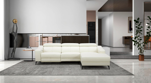 Top Grain Leather Modern L-Shape RAF White Leather Sectional Sofa with 1 Recliner