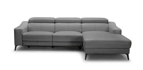 Top Grain Leather Modern L-Shape RAF Grey Leather Sectional Sofa with 1 Recliner