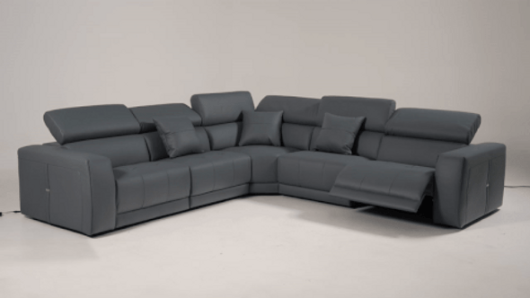 Modern Italian Blue Pamplona Leather Sectional + Two Power Recliners