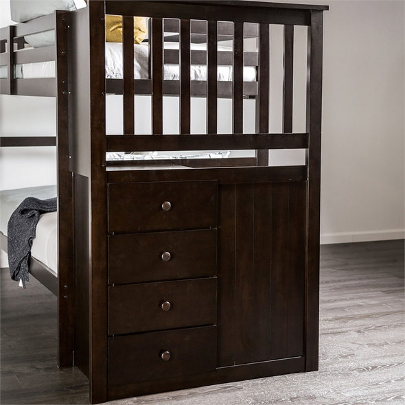 Twin/Twin Bunk Bed Frame Espresso Finish Front Steps Built-in Storage Unit