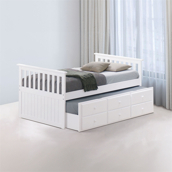Twin Size Captain Bed with Trundle 3 Drawers White Finish
