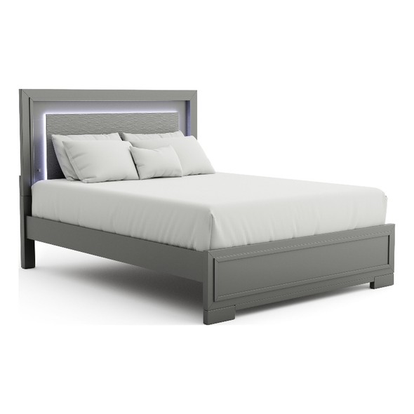 Queen Size Bed Frame Metallic Gray Headboard Panel w/ LED Lighting