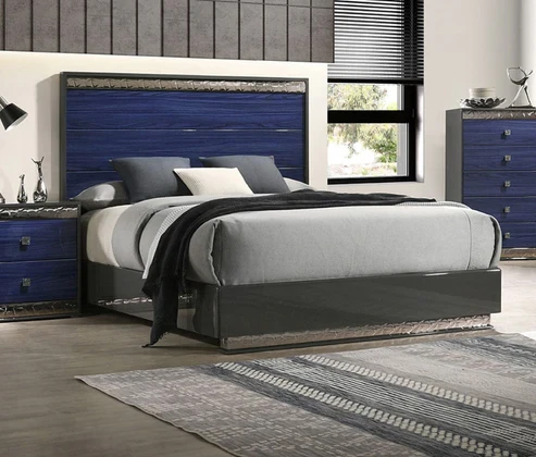 Furniture of America - Morcote E.King Bed in Ash Gray/Indigo Blue