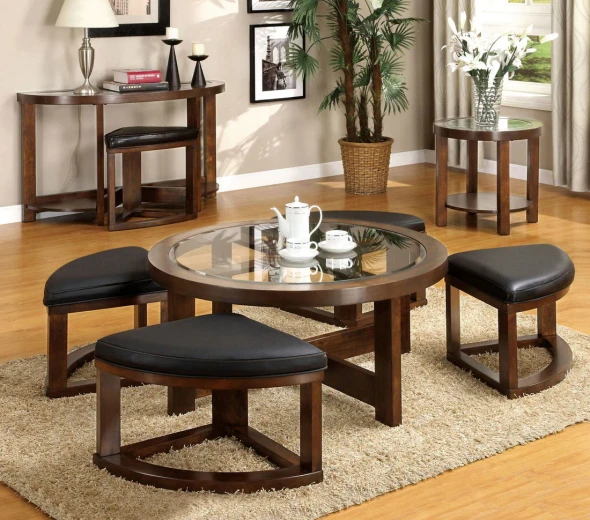 Furniture of America - Crystal Cove II Round Coffee Table w/ 4 Stools in Dark Walnut