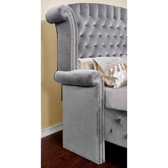Cal King Alzir Gray Bed Frame Wingback Headboard Crystal Accents (no mattress)